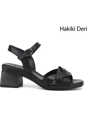 Gönderi(r) Kadın Siyah  Örgü Bantlı Kalın Topuklu Hakiki Deri Sandalet