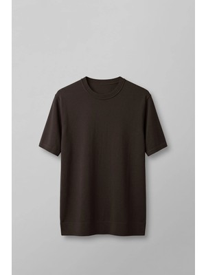 Abluka Online Erkek Slim Fit Bisiklet Yaka Triko Yaka T-Shirt Kahverengi