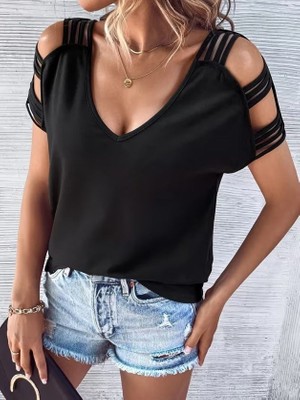Alyn Wear Kadın Kısa Kollu V Yakalı Şerit Detaylı Viskon Bluz