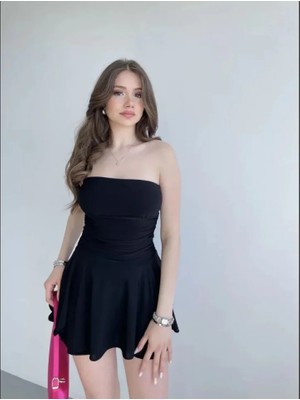Alyn Wear Straplez Mini Etek Görünümlü Şortlu Elbise Büzgülü Şık Yazlık - Siyah