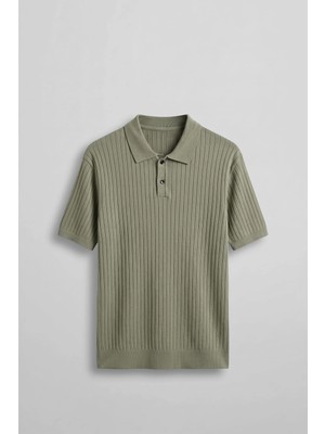 Abluka Online Erkek Relaxed Fit Fitilli Triko Polo Yaka T-Shirt Haki