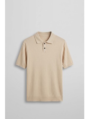 Abluka Online Erkek Relaxed Fit Fitilli Triko Polo Yaka T-Shirt Bej