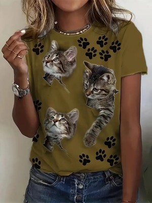 Alyn Wear Kadın Kısa Kollu Kedi ve Pati Baskılı Süprem T-Shirt