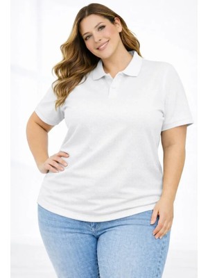 Alyn Wear Pike Kumaş Düğmeli Yaka Battal Büyük Beden Günlük Kısa Kol Tişört T-Shirt - Beyaz