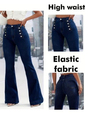 Alyn Wear Kadın Yüksek Bel Önden Düğme Detaylı Parçaya Doğru Geniş Kot Pantolon