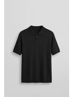 Abluka Online Erkek Relaxed Fit Fitilli Triko Polo Yaka T-Shirt Siyah