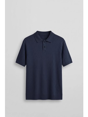 Abluka Online Erkek Relaxed Fit Fitilli Triko Polo Yaka T-Shirt Lacivert