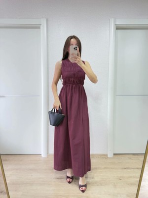 Alyn Wear Kolsuz Göğüs Lastıklı Uzun Elbise - Bordo