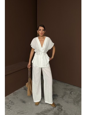 Alyn Wear Keten V Yaka Belden Bağlamalı Bluz-Pantolon Takım - Beyaz