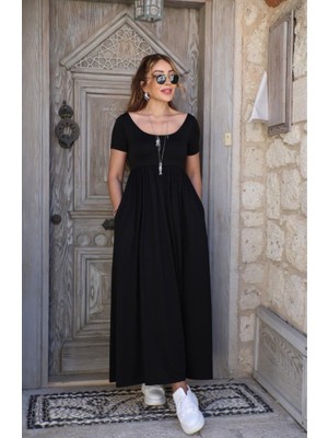 Alyn Wear Kadın Kısa Kollu Yuvarlak Yaka Önden Yırtmaçlı Cepli Viskon Uzun Elbise