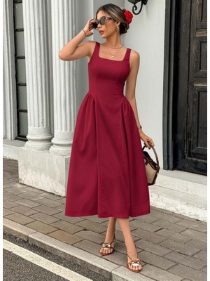 Alyn Wear Kadın Askılı Kare Yakalı Uzun Ithal Krep Elbise