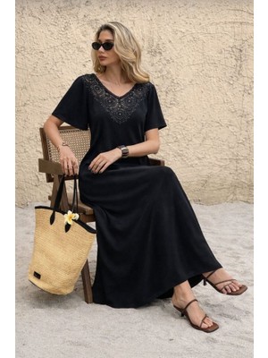 Alyn Wear Kadın Kısa Kollu Dantel Güpür Detay V Yaka Maxi Boy Elbise