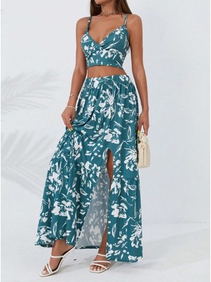 Alyn Wear Kadın Ince Askılı Çiçek Baskı Desenli Crop Yırtmaçlı Etek Ikili Süprem Takım