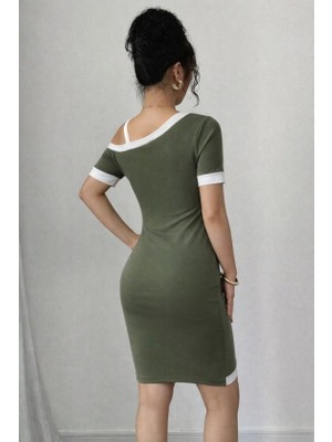 Alyn Wear Kadın Kısa Kollu Asimetrik Kesim Yaka Şerit ve Aksesuar Detaylı Modal Elbise