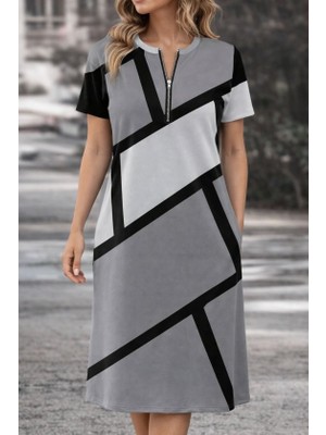 Flamex Kadın Kısa Kollu Yakadan Fermuarlı Desenli Kısa Süprem Elbise