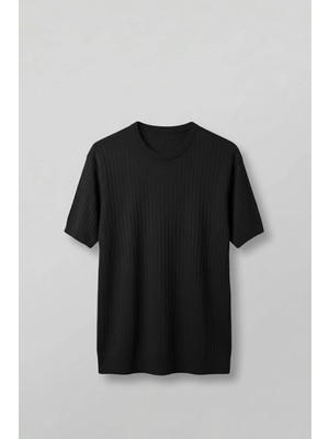 Abluka Online Erkek Regular Fit Fitilli Triko Bisiklet Yaka T-Shirt Siyah