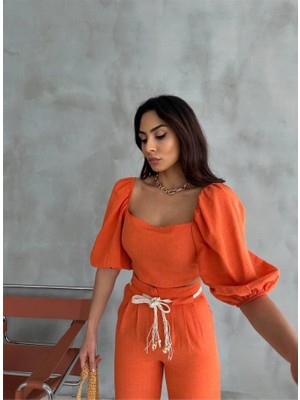 Alyn Wear Keten Crop Karpuz Kol Bluz-Pantolon Hasır Kemerli - Orange
