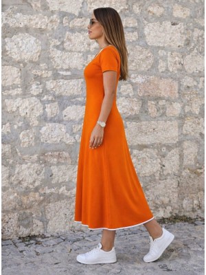 Alyn Wear Kadın Kısa Kollu Yuvarlak Yakalı Yakası Renkli Kiloş Midi Viskon Elbise