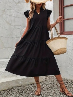 Alyn Wear Kadın Kısa Kollu V Yakalı Geniş Kesim Uzun Trikoton Elbise