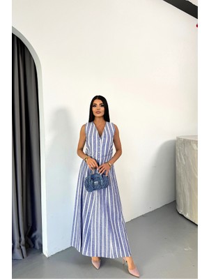 Alyn Wear Keten Çizgili Yelek - Uzun Etek Takım - Mavi