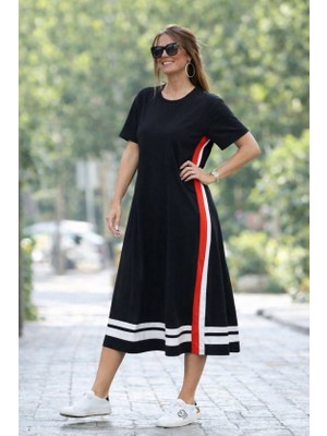 Alyn Wear Kadın Kısa Kollu Bisiklet Yaka Yan Şerit Detaylı Midi Viskon Elbise