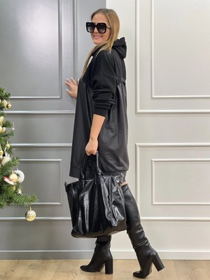 Alyn Wear Kadın Uzun Kollu Kapüşon ve Deri Detay Diz Üstü Elbise