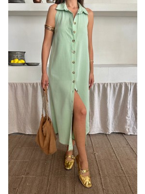 Alyn Wear Keten Önden Düğmeli Kolsuz Gömlek Yaka Elbise - Mint