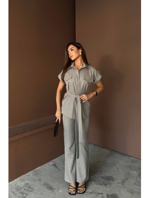 Alyn Wear Çizgili Polyviskon Bluz - Pantolon Takım - Gri