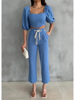 Alyn Wear Keten Crop Karpuz Kol Bluz-Pantolon Hasır Kemerli - Mavi