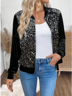 Alyn Wear Kadın Uzun Kollu Önü Açık Fermuarlı Pulpayetli Kadife Ceket