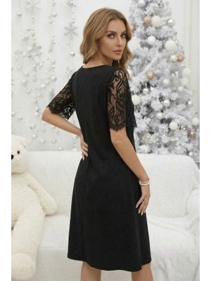 Alyn Wear Kadın Kısa Dantel Kollu V Yakalı Midi Viskon Elbise