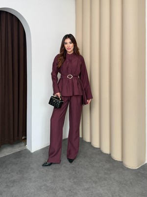 Basic Park Mürdüm Kadın Premium Tencel Dokulu Gold Tokalı Kemerli Modern Kesim Takım