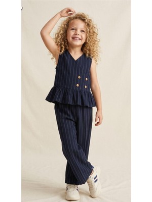 Bambam Kız Çocuk Çizgili Peplum Yelek ve Bol Paça Pantolon Takımı -8917