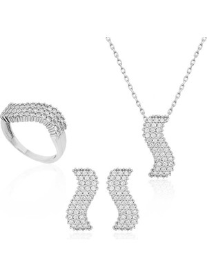 DMR Elegance Gümüş Beyaz Taşlı Su Yolu Bayan Set