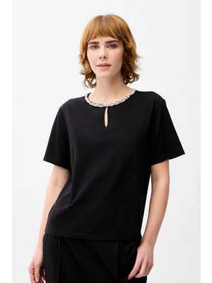 Love My Body Yakası Taşlı T-Shirt Siyah 175L9570001