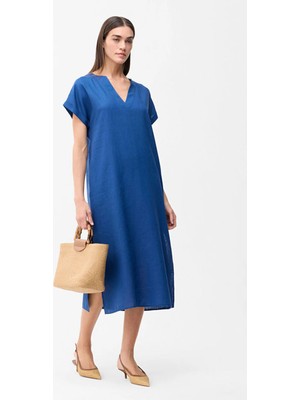 Love My Body V Yaka Kısa Kollu Keten Elbise Indigo 124L9822000