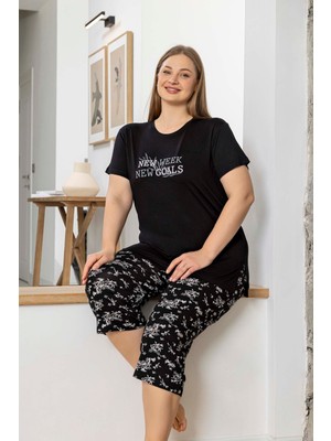 Aydoğan Lodos Store Kadın Büyük Beden Kısa Kollu Kapri Bermuda Viskon Pijama Takımı