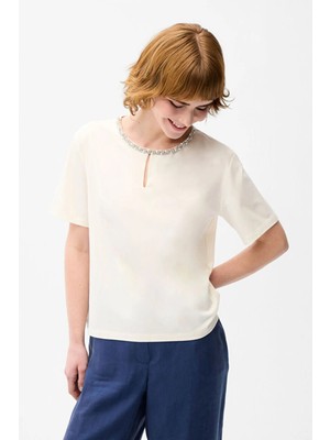 Love My Body Yakası Taşlı T-Shirt Kemik 175L9570001