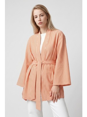 Saade Turuncu Kadın Dikey Çizgili Geniş Kollu Şık Yazlık Relaxed Kimono