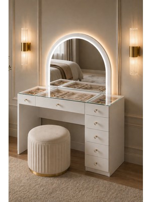 Setay Aynalı Makyaj Masası, Inci Cam Üst Bölmeli Takı Düzenleyicili Şifonyer
