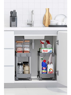 Urlove 2 Adet Gri 2 Katlı Tekerlekli Düzenleyici Mutfak ve Banyo Rafı