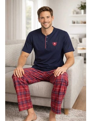 Tenra Erkek %100 Pamuk Pijama Takımı Lacivert Üst Kırmızı Ekose Alt Kısa Kol Regular Kesim