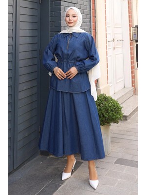 Missvalle Beli Bağcık Detaylı Etekli Kot Takım Koyu Mavi MSV19198