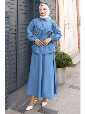 Missvalle Beli Bağcık Detaylı Etekli Kot Takım Açık Mavi MSV19198