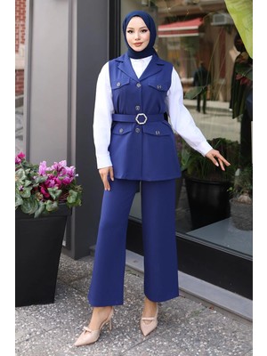 Missvalle Süs Cep Detaylı Yelekli Takım Indigo 19249