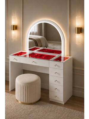 Setay Aynalı Makyaj Masası, Inci Cam Üst Bölmeli Takı Düzenleyicili Şifonyer