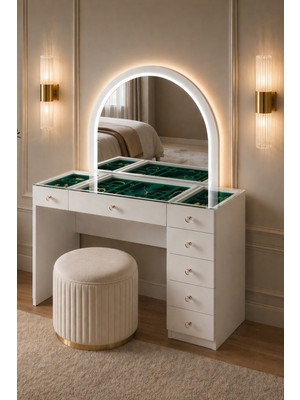 Setay Aynalı Makyaj Masası, Inci Cam Üst Bölmeli Takı Düzenleyicili Şifonyer