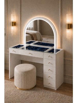 Setay Aynalı Makyaj Masası, Inci Cam Üst Bölmeli Takı Düzenleyicili Şifonyer