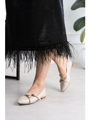 Shoetek Hwen Kadın Babet Çapraz Bantlı Tokalı Bej Deri