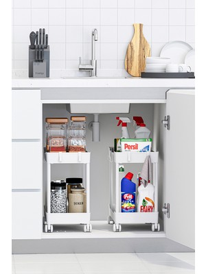 Urlove 2 Adet Beyaz 2 Katlı Tekerlekli Düzenleyici Mutfak ve Banyo Rafı